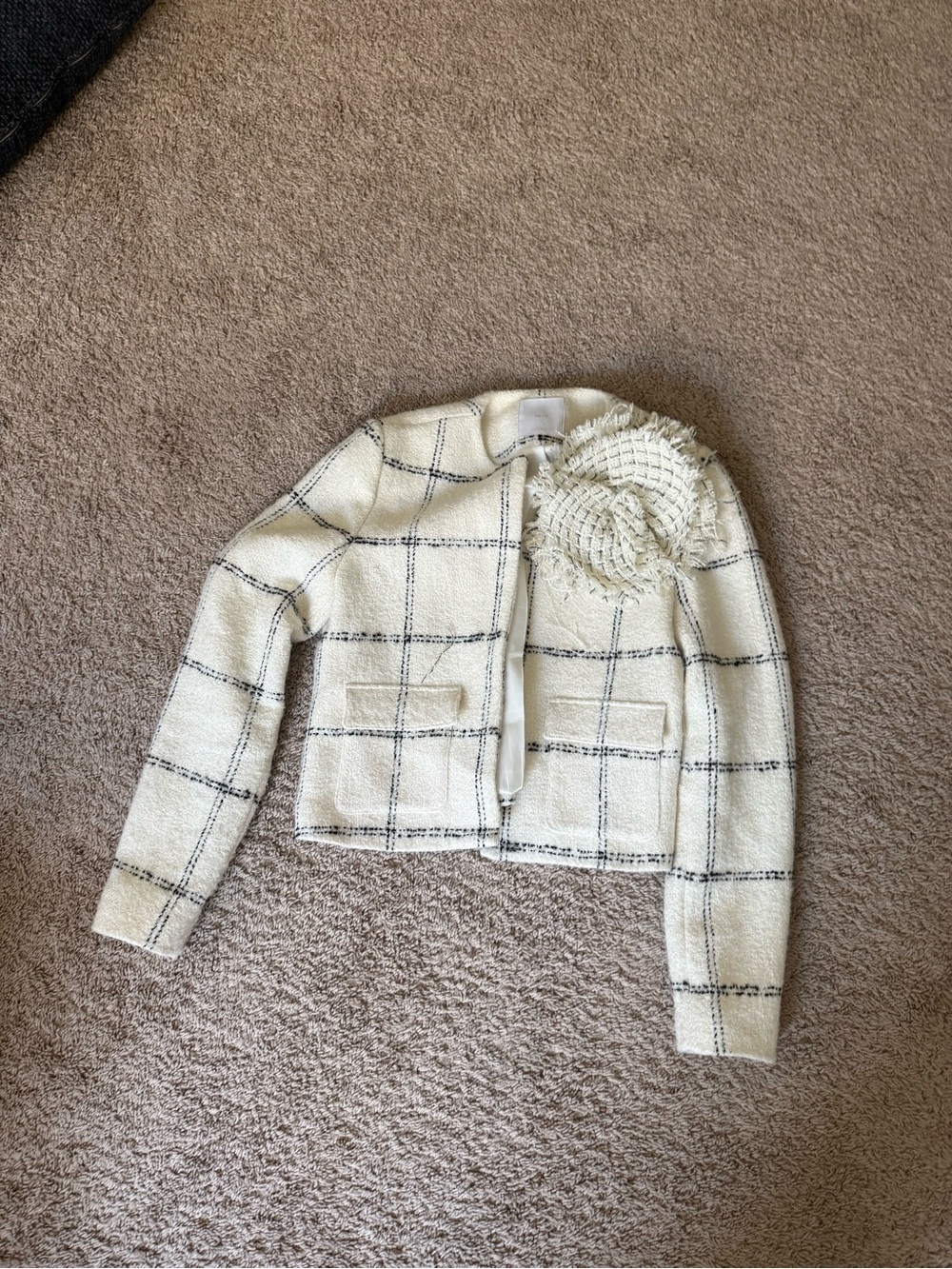 Mango Cream Bouclé Windowpane Cropped Jacket with Rosette